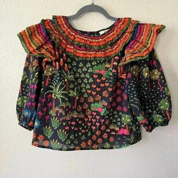 Farm Rio Fruit Garden Ruffle Puff Sleeve Blouse Women’s Size Small - Picture 3 of 16